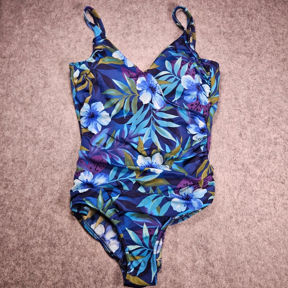 Miraclesuit Womens Blue Floral One Piece Ruched Swimsuit Vacation Size 16 READ